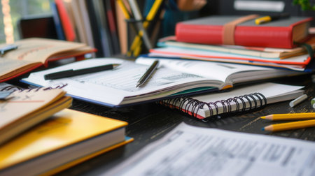 A close-up shot of a desk covered with open textbooks, notebooks, pens, and pencils, showing a well-organized workspace ideal for studying or tutoring.の素材