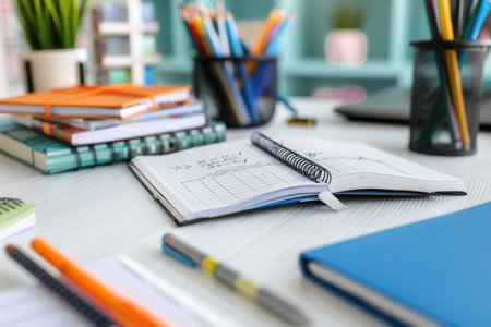 A well-organized desk with open textbooks, notebooks, pens, and pencils, perfect for a tutoring session or an educational center.の素材