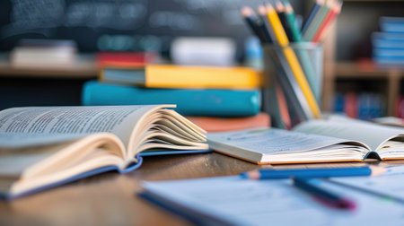 A close-up shot of a well-organized desk, featuring open textbooks, notebooks, pens, and pencils. The scene is ideal for tutoring services and educational centers.の素材
