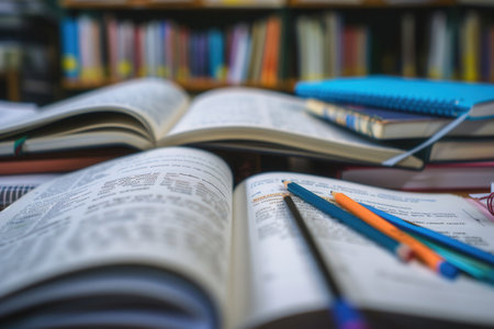 A close-up image of an organized desk with open textbooks, notebooks, and pencils, ideal for a tutoring service or educational center.の素材