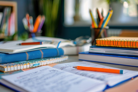 A clean and well-organized desk with open textbooks, notebooks, pencils, and pens ready for studying or tutoring.の素材