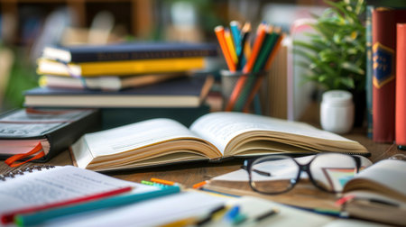 A well-organized desk with open textbooks, notebooks, pens, and pencils, perfect for tutoring services and educational centers.の素材