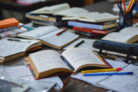 A desk filled with open textbooks, notebooks, pens, and pencils, creating a studious environment ideal for tutoring or learning.の素材