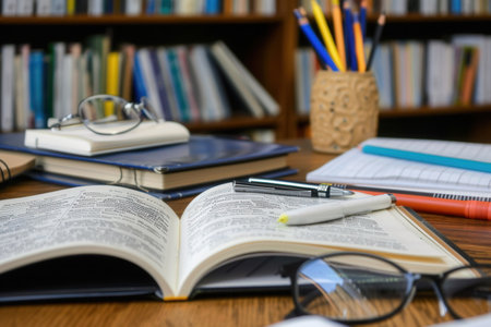A well-organized study desk in a library with open textbooks, notebooks, pens, and pencils ready for learning.の素材