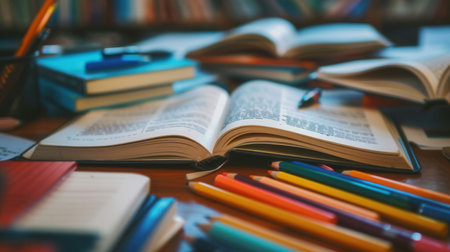 A desk meticulously organized for learning, featuring open textbooks, notebooks, pens, and pencils.の素材