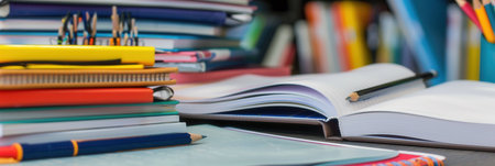 A clean and organized study desk with stacked textbooks, notebooks, pens, and pencils. Ideal for tutoring services and educational centers.の素材