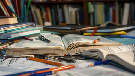 A well-organized study desk with open textbooks, notebooks, pens, and pencils. Ideal for tutoring services and educational centers.の素材