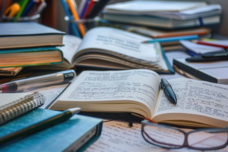 A well-organized study desk with open textbooks, notebooks, pens, pencils, and glasses, ideal for tutoring services and educational centers.の素材
