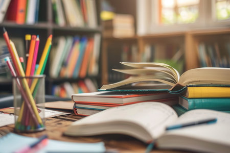 An organized desk with open textbooks, notebooks, pens, and pencils, creating a studious and productive atmosphere. Ideal for tutoring services and educational centers.の素材