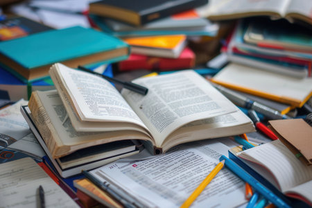 A well-organized desk with open textbooks, notebooks, and writing tools, perfect for tutoring services and educational centers.の素材