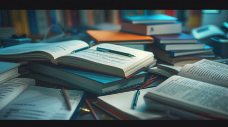 A well-organized desk with open textbooks, notebooks, pens, and pencils, ideal for tutoring services and educational centers.の素材