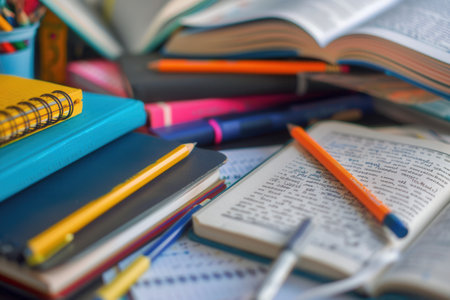 A close-up image of a well-organized study desk featuring open textbooks, notebooks, pens, and pencils. The scene is ideal for tutoring services and educational centers.の素材