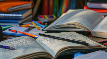 An image of an organized desk, with open textbooks, notebooks, pencils, and pens, conveying a sense of readiness for learning.の素材