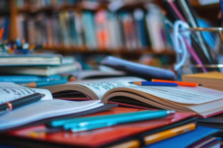 An open textbook sits atop a desk covered in notebooks, pens, and pencils. The scene suggests a studious setting, perfect for tutoring or education.の素材