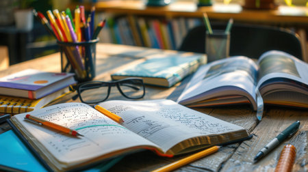 A well-organized study desk with open textbooks, notebooks, pens, and pencils, ideal for tutoring services and educational centers.の素材