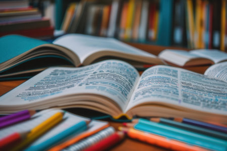 A close-up shot of a desk covered in open textbooks, notebooks, and writing utensils, creating a studious and organized atmosphere ideal for learning.の素材