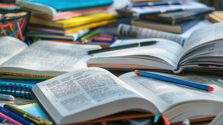 A desk with open textbooks, notebooks, pens, and pencils, suggesting an organized learning environment ideal for tutoring services and educational centers.の素材