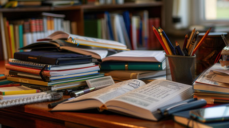 A close-up of a tidy desk with open textbooks, notebooks, pens, and pencils, showcasing an ideal setup for tutoring services or educational centers.の素材