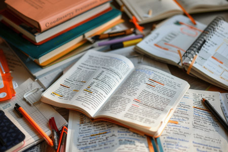 A close-up image of a desk covered in open textbooks, notebooks, pens, and pencils, perfect for tutoring services and educational centers.の素材