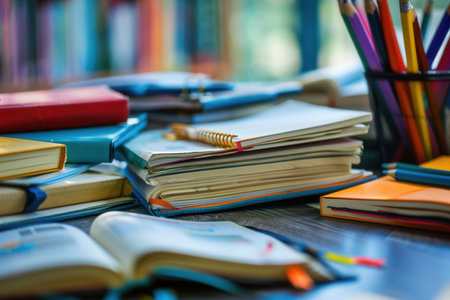 A well-organized study desk with a variety of textbooks, notebooks, pens, and pencils. Ideal for tutoring services and educational centers.の素材