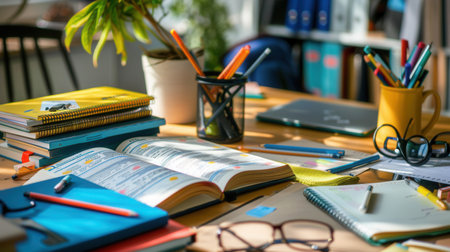 A well-organized desk prepared for studying, featuring open textbooks, notebooks, pens, and pencils.の素材