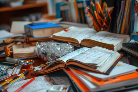 A close-up shot of a desk covered in open textbooks, notebooks, pens, and pencils, creating a studious and organized workspace ideal for tutoring or educational centers.の素材