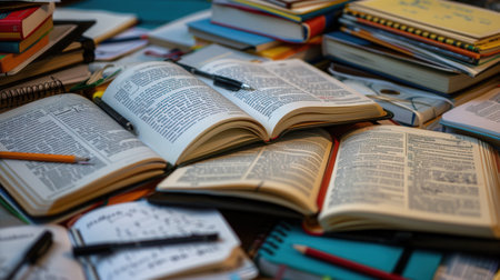 A well-organized desk with open textbooks, notebooks, pens, and pencils, perfect for tutoring services and educational centers.の素材