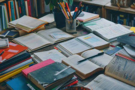 A well-organized study desk with open textbooks, notebooks, pens, and pencils. The scene is clean, bright, and ideal for tutoring services and educational centers.の素材