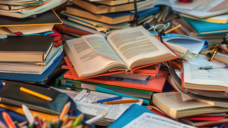 A well-organized study desk with textbooks, notebooks, pens, and pencils. Ideal for educational centers and tutoring services.の素材