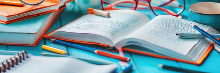 A well-organized desk with open textbooks, notebooks, pens, and pencils, perfect for tutoring services and educational centers.の素材