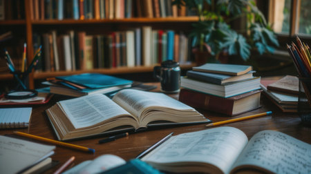 An image of a study desk prepared for a tutoring session, with open textbooks, notebooks, pens, and pencils organized in a studious setting.の素材