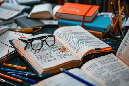 A well-organized desk with open textbooks, notebooks, pens, pencils, and glasses. The image evokes a studious atmosphere, perfect for tutoring or educational settings.の素材