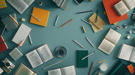 A neatly arranged desk with textbooks, notebooks, pens, and study essentials creates a focused and prepared atmosphere, perfect for tutoring and education.の素材