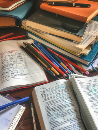 A well-organized desk with open textbooks, notebooks, pens, and pencils, perfect for tutoring sessions or study groups.の素材