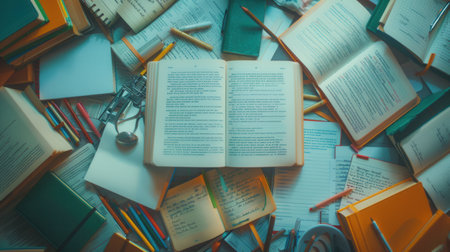A desk covered in open textbooks, notebooks, pens, and pencils. The scene is organized and ideal for tutoring services and educational centers.の素材