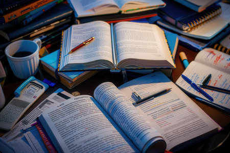 A desk filled with open textbooks, notebooks, pens, and pencils, perfect for tutoring sessions or educational center settings.の素材