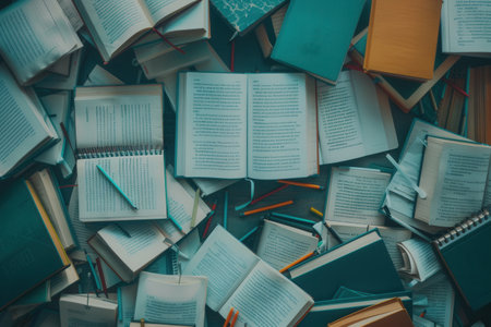 A desk with open textbooks and notebooks, pens and pencils, showcasing an organized and studious setting, ideal for tutoring services and educational centers.の素材