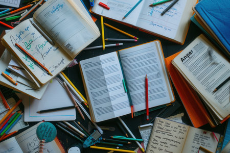 A flat lay image showing an organized study desk with open textbooks, notebooks, pencils, and pens, ideal for tutoring services and educational centers.の素材