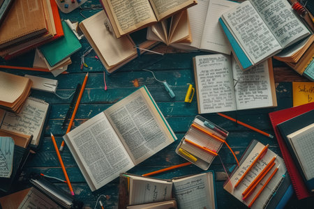 A close-up shot of a well-organized study desk featuring open textbooks, notebooks, writing tools, and other learning materials.の素材