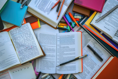 A desk covered in open textbooks, notebooks, pens, and pencils. The scene is organized and studio-like, ideal for tutoring services and educational centers.の素材
