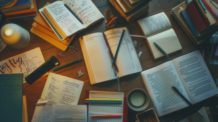 A well-organized study desk with open textbooks, notebooks, pens, and pencils, ideal for tutoring services and educational centers.の素材