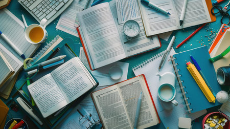 A well-organized desk with open textbooks, notebooks, pens, and pencils, perfect for tutoring services and educational centers.の素材