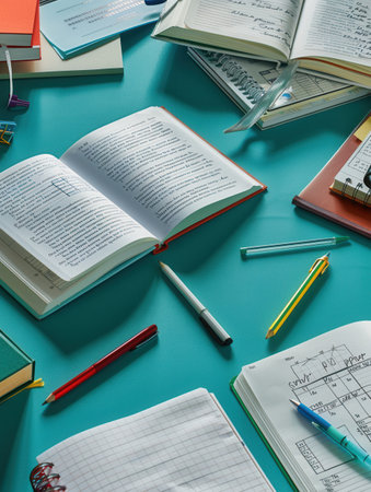 A well-organized study desk with open textbooks, notebooks, pens, and pencils, ideal for tutoring services and educational centers.の素材