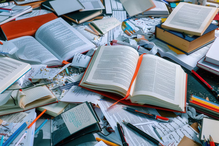 An image of a tidy study desk with open textbooks, notebooks, pens, and pencils. Its the perfect setting for a tutoring session or a quiet study session.の素材