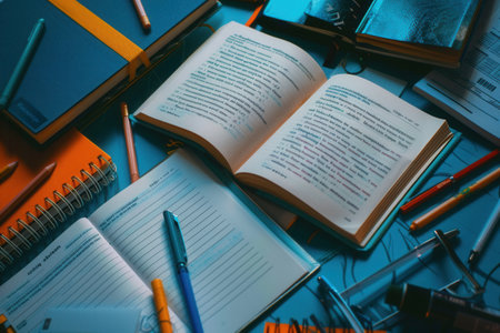 A well-organized desk with open textbooks, notebooks, pens, and pencils. Perfect for educational centers and tutoring services.の素材
