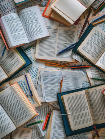 A top-down view of an organized desk with open textbooks, notebooks, pens, and pencils. Perfect for tutoring services and educational centers.の素材