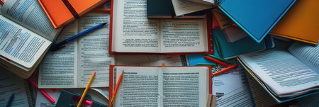 A well-organized desk with open textbooks, notebooks, pens, and pencils. The scene is perfect for tutoring services or educational centers.の素材