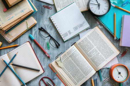 A top-down view of an organized study desk with open textbooks, notebooks, pens, and pencils. The scene is perfect for tutoring services and educational centers.の素材