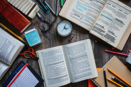 A well-organized desk, perfect for studying or tutoring, with open textbooks, notebooks, pens, pencils, and a clock.の素材