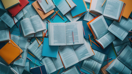A close-up image of a desk covered in open textbooks, notebooks, pens, and pencils, showcasing an organized learning environment.の素材